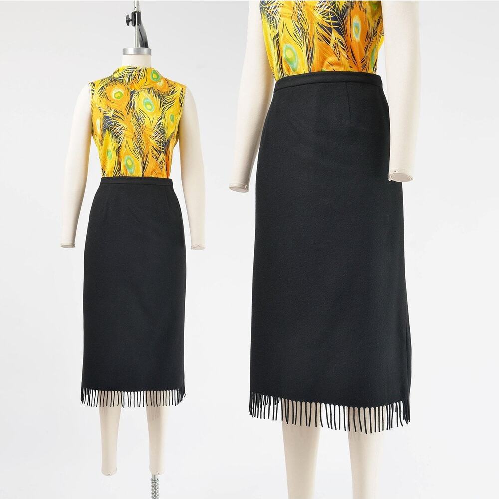 Vintage 90s Black Wool Skirt Straight Column Midi Skirt with Fringe Hem M